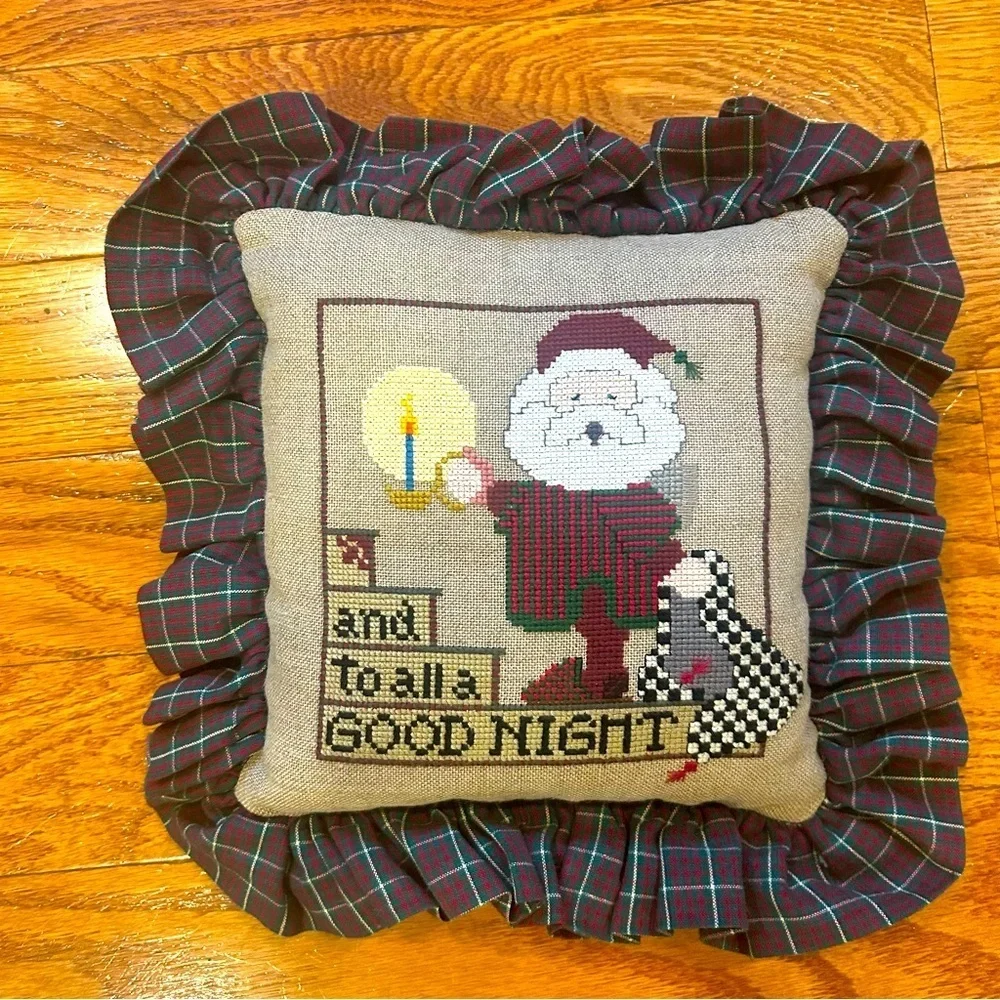 Handmade Crossstitch Christmas Ruffled Plaid Accent Pillow Holiday Santa Vintage